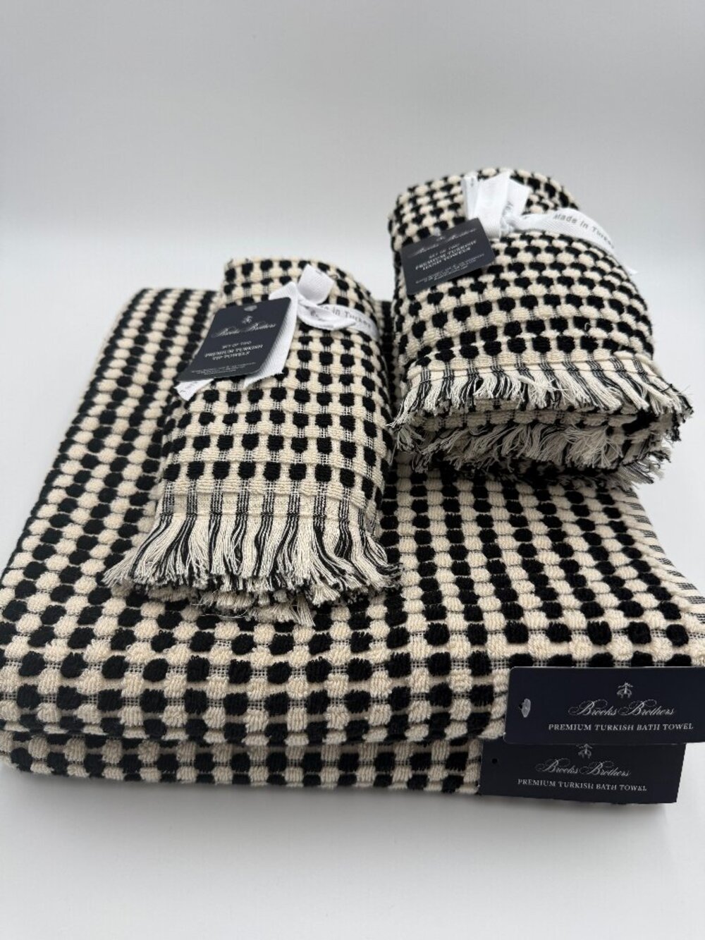 Brooks Brothers 6 Pc Premium Turkish Bath Hand Tip Towel Set Black Ivory NWT